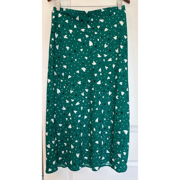 LOFT Green Heart Print Pull-On Midi Skirt Size M Elastic Waist NWT - Picture 2 of 7